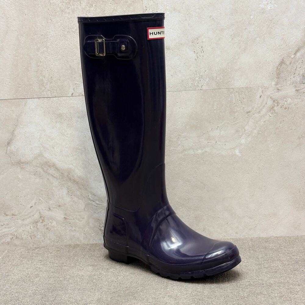 Hunter Original Tall Gloss Waterproof Rain Boots Navy Blue Rubber US 7 EU 39